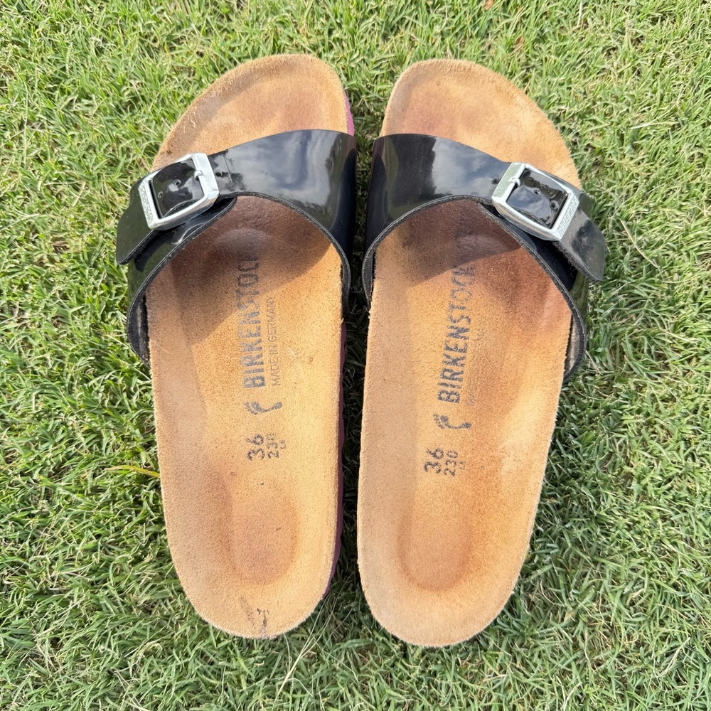 Birkenstock Madrid Patent Black Leather and Pink Sandals Size 6 US 36 EU Narrow